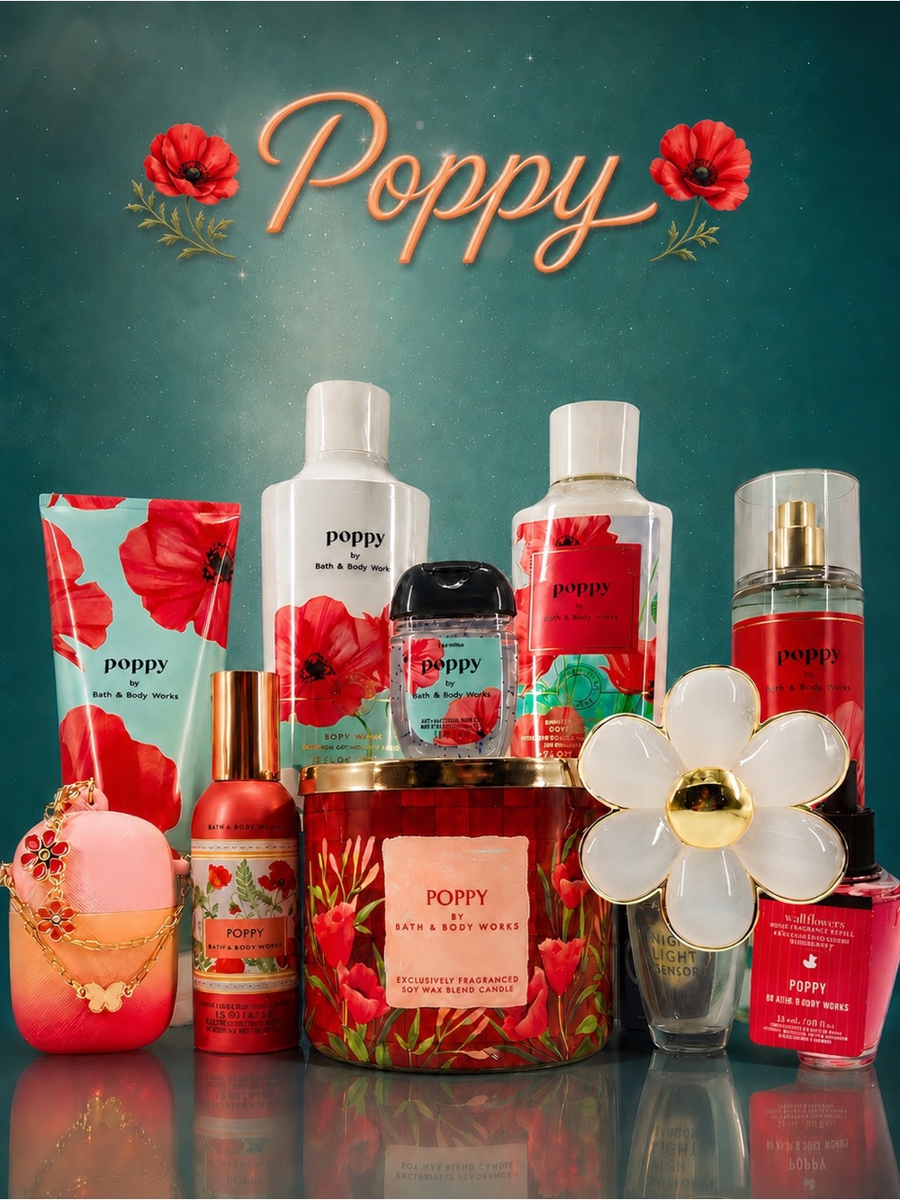 BBW Poppy 10 Pc Collector Set Candle Wallflower Body Care Holders